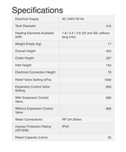 Load image into Gallery viewer, Specifications of Rinnai HotFlo 25L 2.4kW Electric Hot Water Storage Tank With Plug EHF