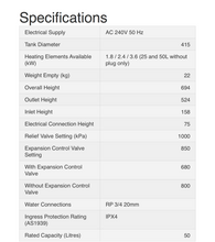 Load image into Gallery viewer, Specifications of Rinnai Hotflo Electric Storage 50L