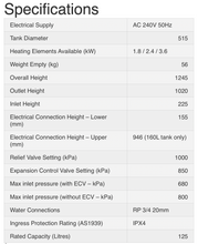 Load image into Gallery viewer, Specifications of Rinnai Hotflo Electric Storage 125L