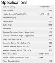 Load image into Gallery viewer, Specifications list of Rinnai Hotflo Electric Storage 160L