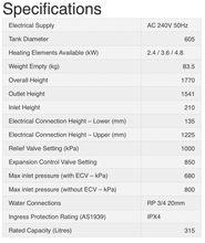 Load image into Gallery viewer, Specifications of Rinnai Hotflo Electric Storage 315L