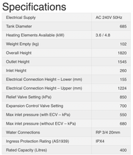 Load image into Gallery viewer, Specifications List of Rinnai Hotflo Electric Storage 400L