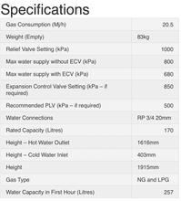 Load image into Gallery viewer, Detailed Specificaions list of Rinnai Hotflo 170L Gas Storage N/G or LPG