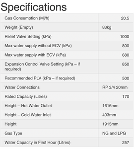 Rinnai Hotflo 170L Gas Storage N/G or LPG